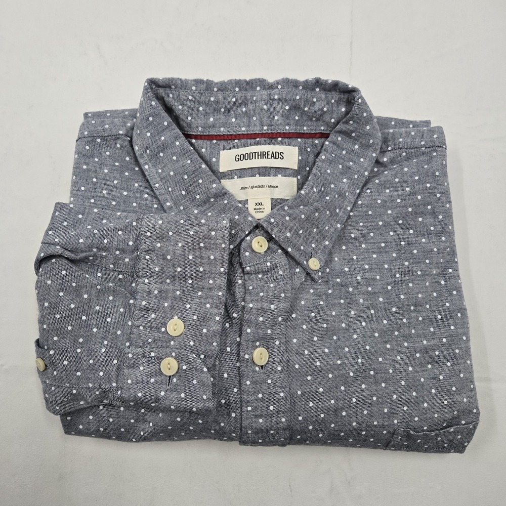 Goodthreads Slim Fit Mens XXL Gray White Polka Dot Long Sleeve Button-Down Shirt